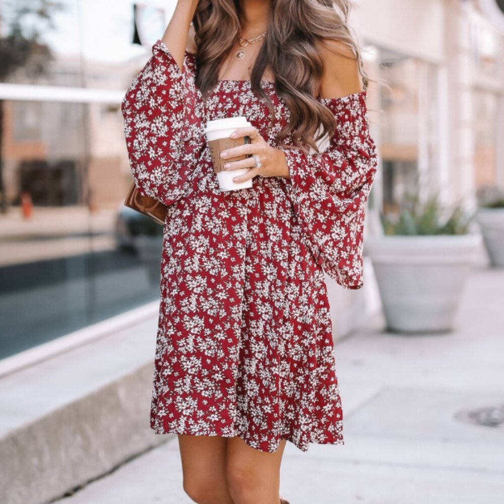 Red Floral Print Off-The-Shoulder Bell Sleeve Boho Dress, Small